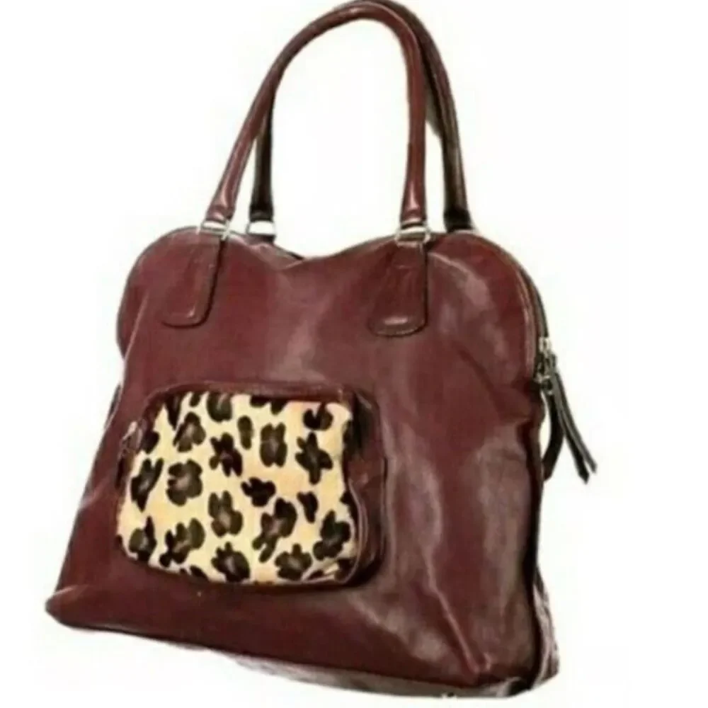 Rosella D Burgundy Leather Animal Print Calf Hair Large Satchel Shoulder Bag